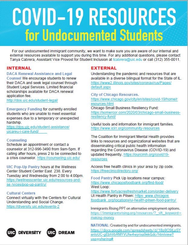 the words COVID-19 Resources for Undocumented Students appear in white and yello on a blue background in the top fifth of the paper. Under it includes a list of available resources internal and external to UIC. the bottom as the logos for the office of diversity and UIC Dream in black.