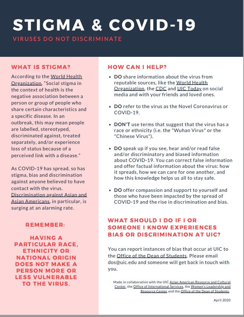 Blue band on top has the writing Stigma and COVID-19 in white. A Side pink column anwers the question of What is Stigma? A white side column on the right lists items for how can I help and what should I do if I or someone I knwo experiences bias or discrimination at UIC?