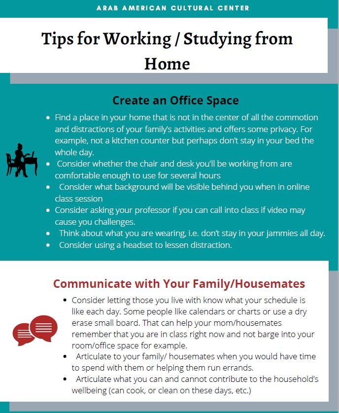 Top in white has writing Tips for Working/Studying from Home, followed writing in white on teal background with tips for creating office space, followed by a band in white with tips on communicating with your family