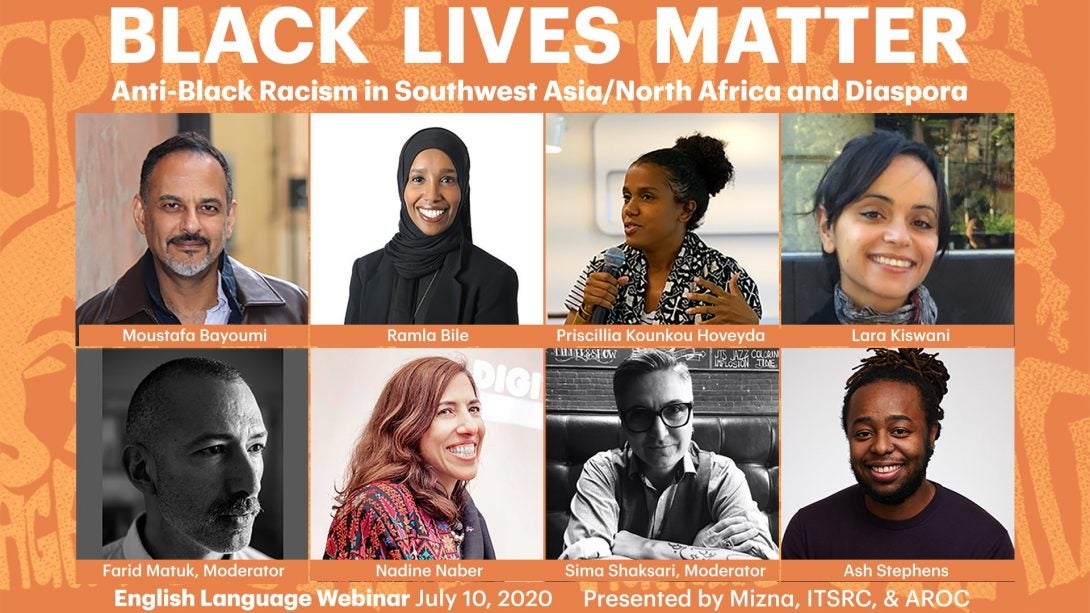 Orange background with writing in White. The top says Black Lives matter. There are eight boxes of photos lined up four on each line of the panelists and moderators. The bottom lists organizing entities