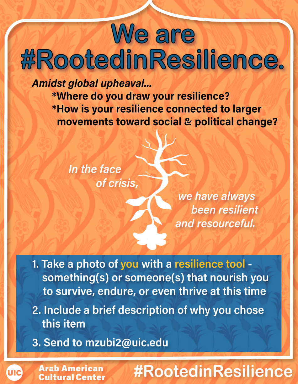 An orange background with a white border. Writing on top is in blue statign we Are #Rootedinresilience. Additional writing gives details about the campaign. In teh Center there is a drawing in white of an upside down flower with its roots extending updwards. A blue box below it has writings in blue that explain what to submit and where. Center logo is a tthe bottom.