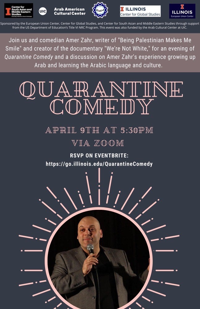 Bluish grey background with a big sun circle at the bottom holding a photograph of an Arab bald man holding a microphone and wearing a brown suit type jacket over a black shirt. The top has logos of the orgs in a line followed by a horizontal band with the name of the organizations and in the middle writign in light pink and white of the time and date and RSVP link to the event.