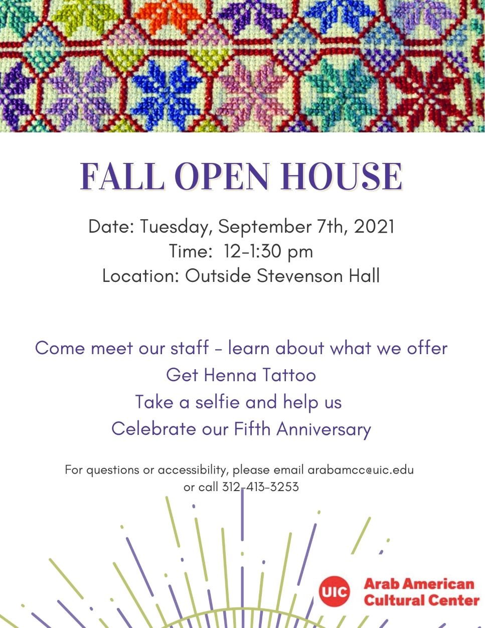 top band is colorful embroidery in geometric flower patterns followed by information about the Open house and bottom band has small part of a sun with rays in purple and gold colors with the Logo of the center in red to the right
