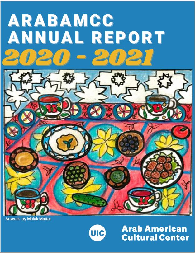 blue backgroun, title of report in white color on top, the year in red color, a drawing of a table with colorful table cloth and plates of food, tea cups on it, logo of the center in white at the bottom