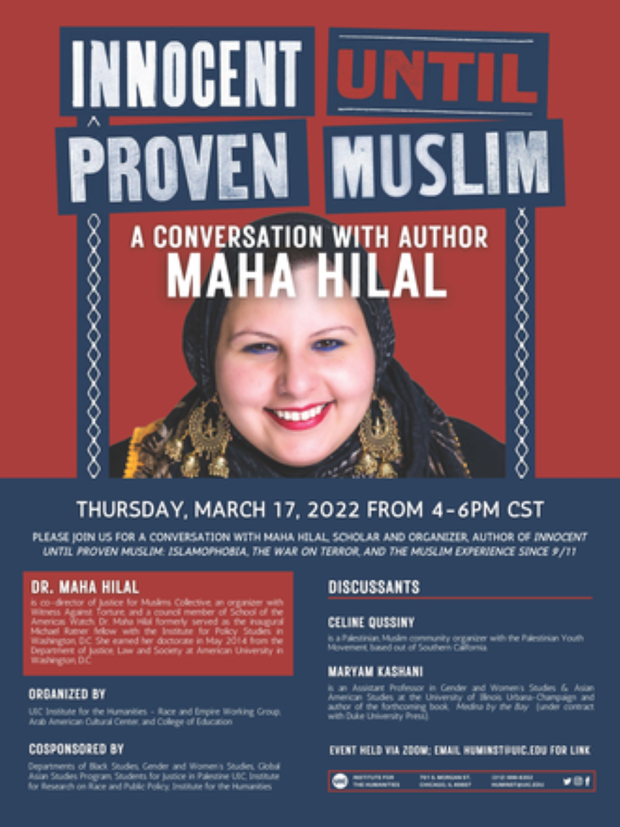 Flier is split with the top red background and the bottom blue. A blue square frame with a photo of Maha Hilal, wearing a blue hijab, large golden colored earrings and red lipstick in the center. Writing is in red and white.