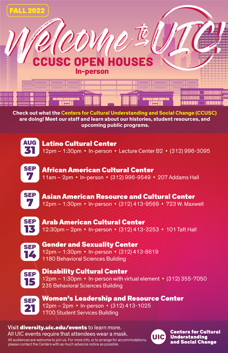 flyer is mostly red with purple hues on top. A drawing of UIC buildings with Chicago skyline in the background is on the top third of the poster in light purple. The bottom lists white square boxes with month and day written in dark purple to the left followed by the name, date, and location of each center's open house written in white on red background