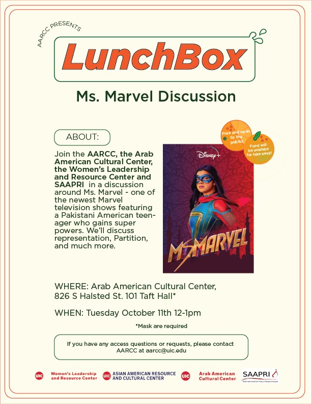 White flyer with thin orange two line border. An image of Ms. Marvel is in the middle right with two oranges in the right top corner with white writing on them. Logos of sponsoring organizations are at the bottom in a line. Text is in Green.