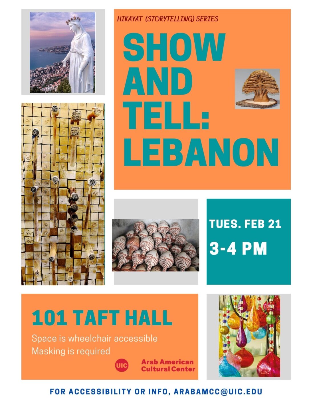 Flyer organized in squares and rectangles with light orange and teal backgrounds and text in teal and white. Five photos are included: statue of the lady of Lebanon overlooking a valley and sea, a stack of soap and soap molds, a group of clay water jugs decorated in red, colorful handmade glass ornaments.