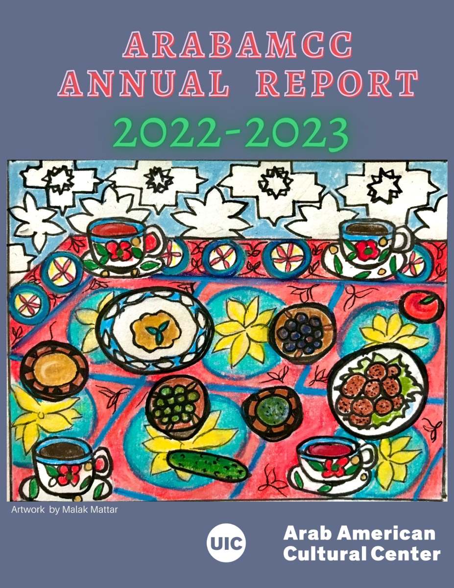 blueish lavendar background, title of report in pink on top, the year in green, a drawing of a table with colorful table cloth and plates of food, tea cups on it, logo of the center in white at the bottom