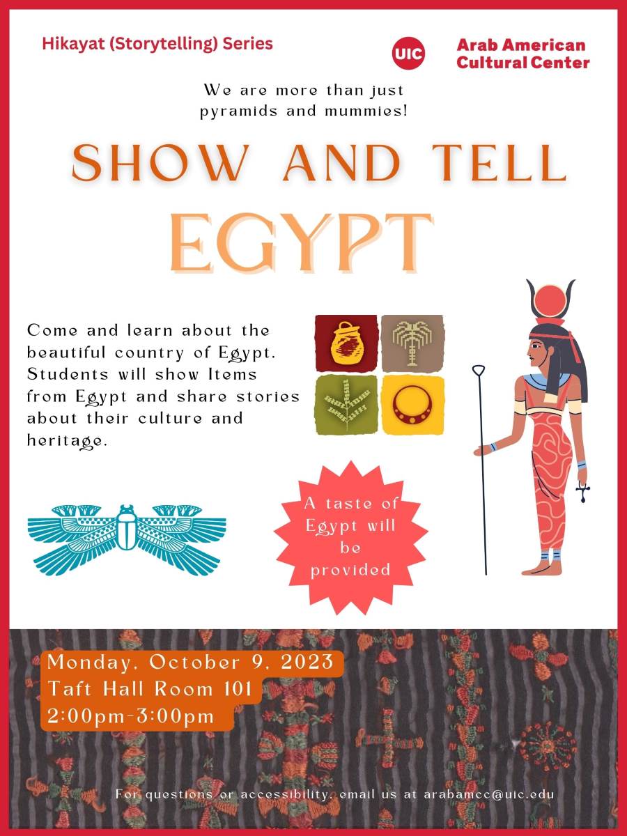 White flier with red border and a bottom band of Egyptian textile in black, red, orange, green, and brown. Text is in dark and light orange and black. Drawing of a female pharaonic priestess, a scarab with wings, and a drawing of craft items in different colors.