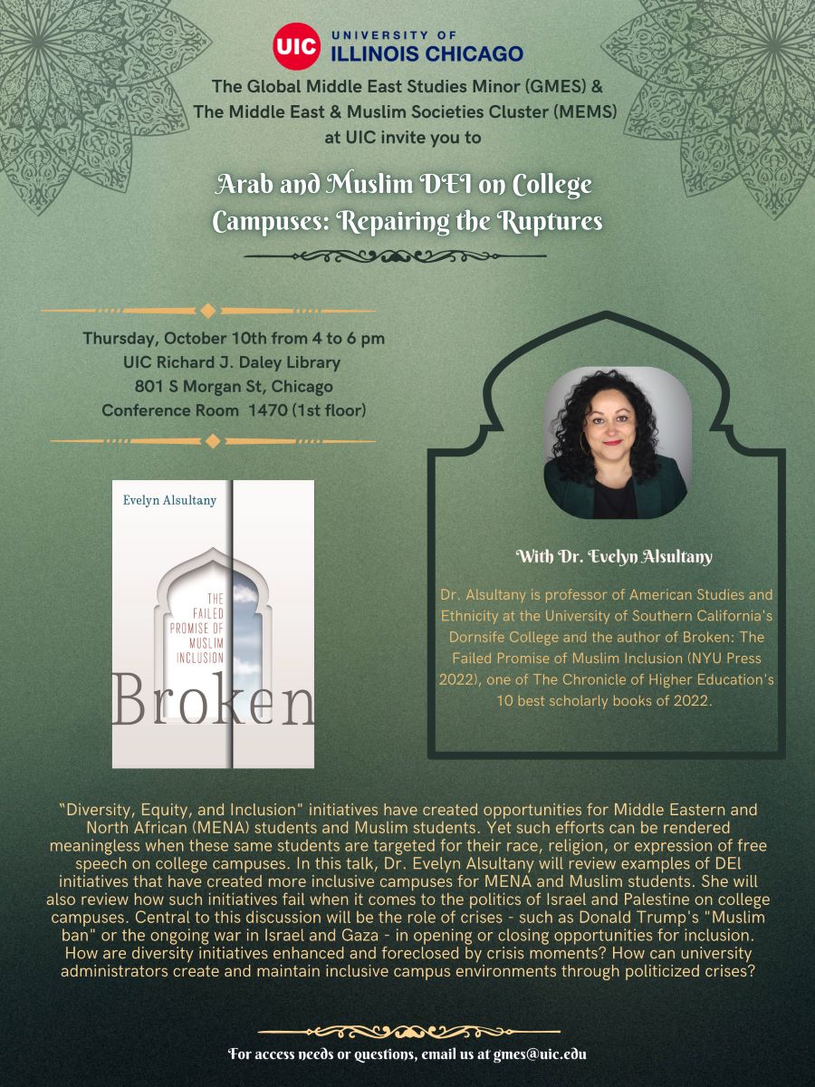 Green flier with two drawn motifs of geometric shaped flowers on the top two corners. In the middle left is a picture of the book cover which is white with a line through the center breaking an arabesque window. In the middle right is a photograph of the speaker with curly long black hair, red lipstick, and black shirt. Text is in dark green, white and organce.