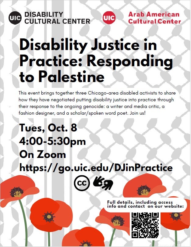 Below a DCC and ArabAmCC logo is bold text with the title, day/time, and Zoom registration link. Below are bright red poppies with a QR code to the DCC events page, and the background is a pale gray keffiyeh print.