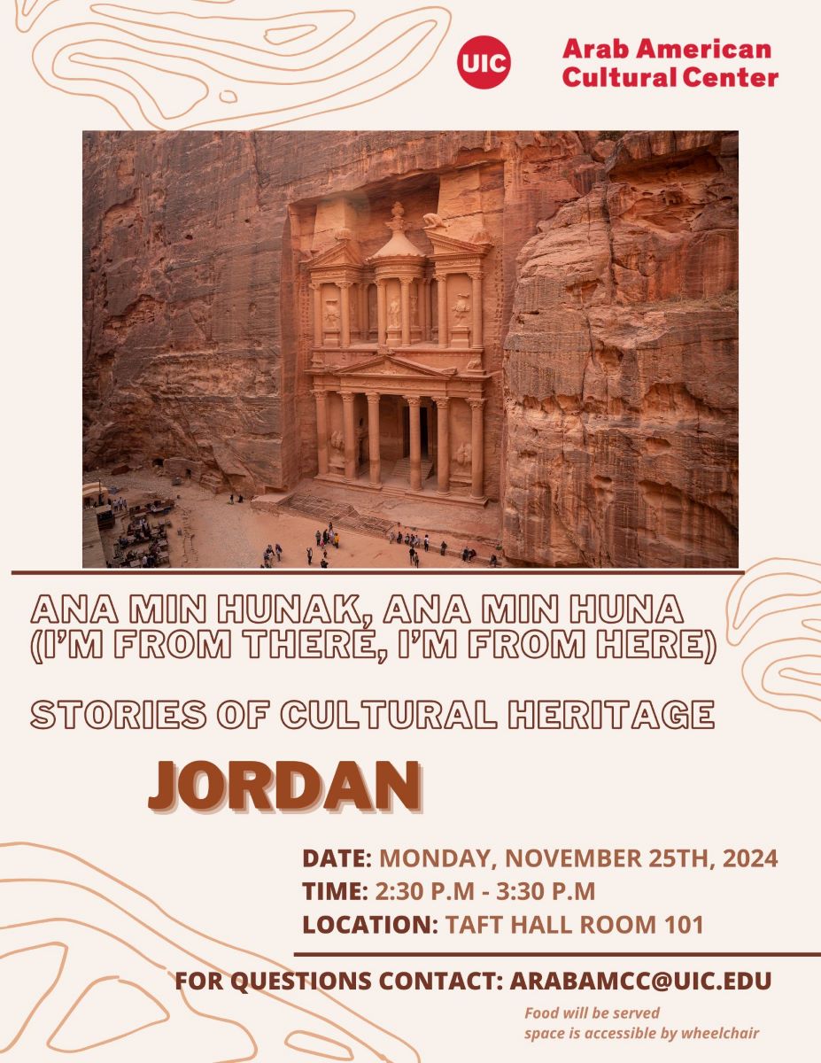 Off white flier with curvy thin brown lines on top bottom and right. A photograph of the Treasury: an archaeological site in Petra, Jordan carved in stone is on the top half of the flier. Text is in various shades of brown.