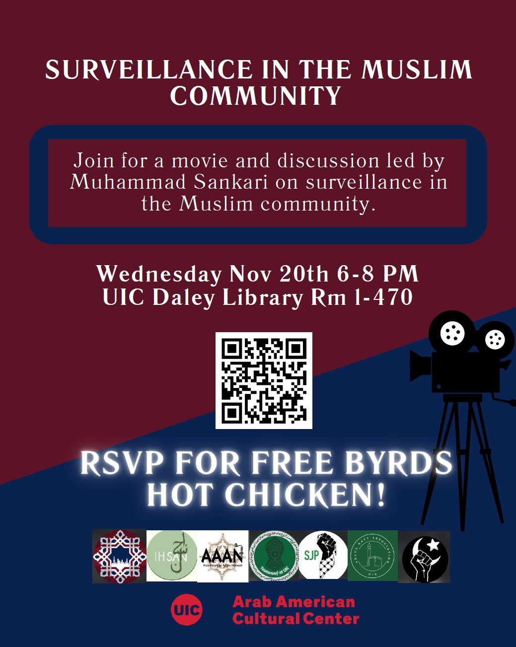 Burgundy and dark blue flier with text in white. logos of organizations is on the bottom of the page followed up by a QR code for rsvp. A drawing of a film projector on a tripod in black is in the middle right of the page.