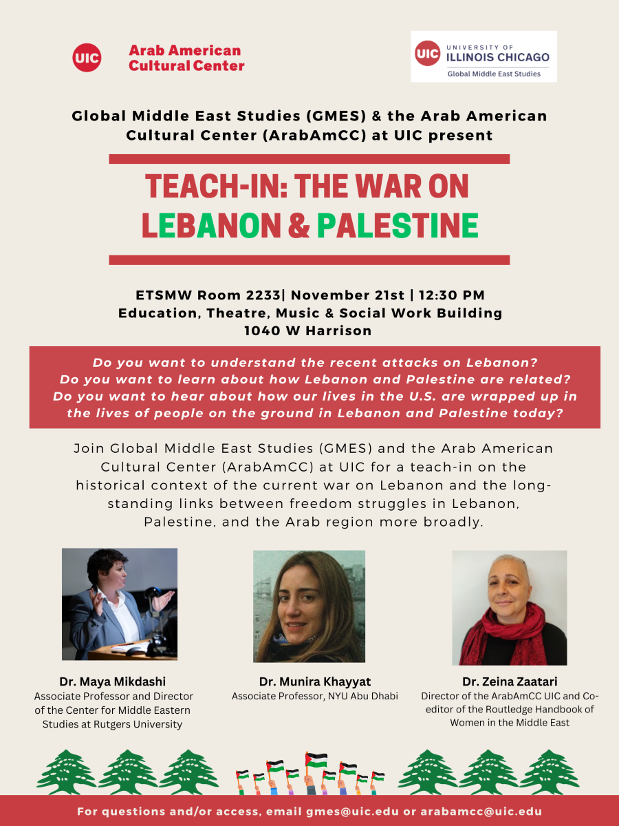 Off white flier with text in red, green, and black. The bottom has a red thin band with contact info text in white followed by three cedar tree drawings in green on each side and a drawing of nine hands holding Palestinian flags. Above that there are three portrait photographs of the three speakers. The first on the left is of a person with short brown hair wearing a light blue jacket and a white shirt with raised hands. The second is of a person with long light brown hair and the third on the right is of a person with very short hair wearing a red scarf.