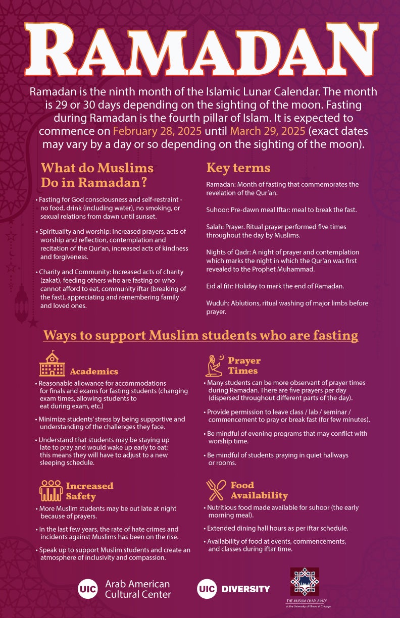 Flyer background is dark pink with an imprint of geometric art. The top has the word Ramadan in large orange and white font. The rest of the flyer has information about Ramadan in white and orange font. Logos are at the bottom.